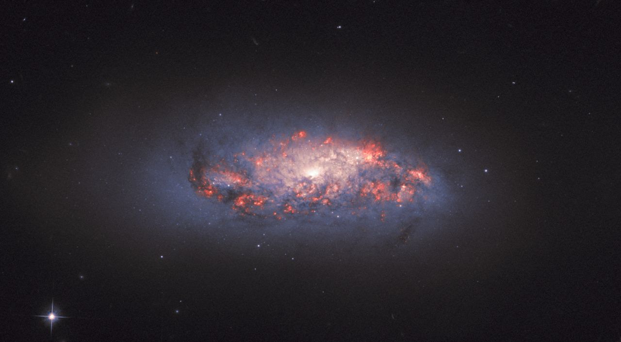 Hubble captured this view of a spiral galaxy named NGC 972 that appears to be blooming with new star formation. The orange glow is created as hydrogen gas reacts to the intense light streaming outwards from nearby newborn stars.