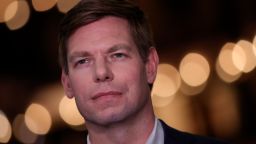 Democratic presidential candidate Rep. Eric Swalwell (D-CA) does a television interview in the spin room before the second night of the first Democratic presidential debate on June 27, 2019 in Miami, Florida. (Drew Angerer/Getty Images)