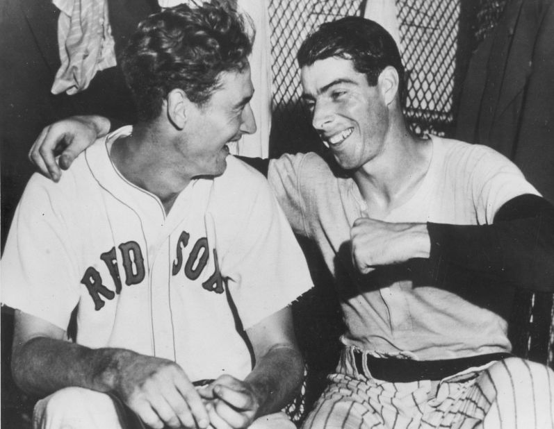 Joe DiMaggio, right, congratulates Ted Williams after Williams' ninth-inning homer won the All-Star Game for the American League in 1941.