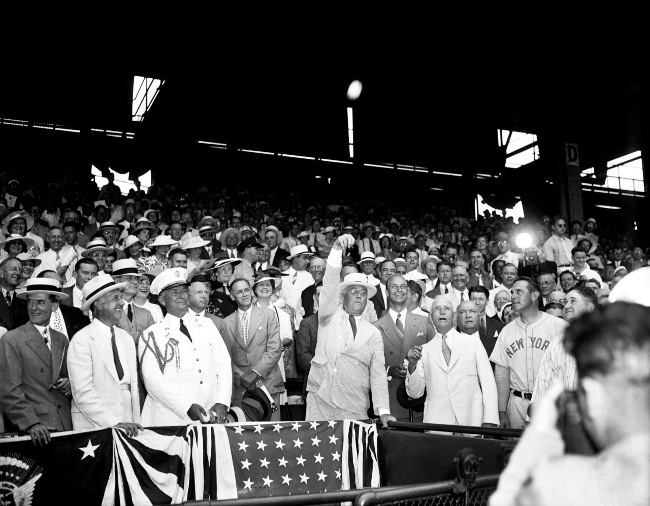 US President Franklin D. Roosevelt throws out the ceremonial first pitch before the All-Star Game in Washington in 1937. Many Presidents have thrown out the first pitch at the All-Star Game.