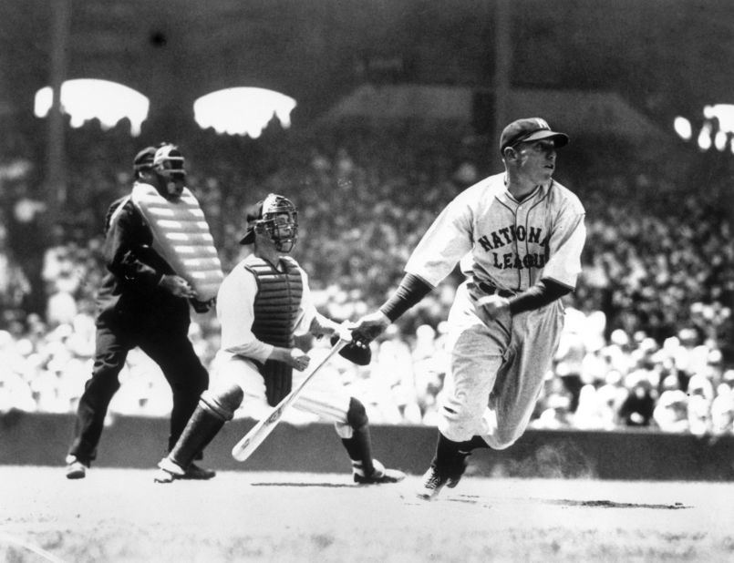 Chuck Klein hits the ball during the first inning of the first All-Star Game. The National League had special uniforms for that first year. After that, players followed what the American League did and just wore their own team's uniforms.