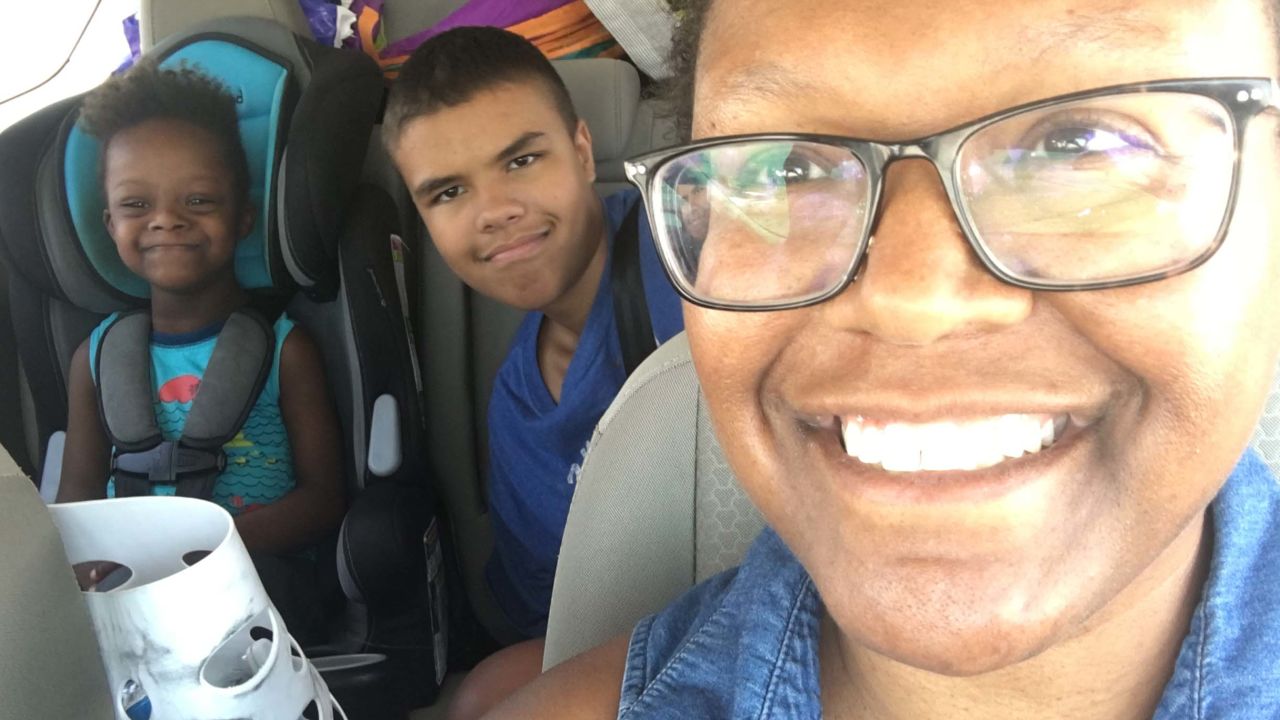 Sheleagh Law and her sons Asa, 3, and Nicholas, 15, fled the magnitude 7.1 earthquake and came back two days later to find their home still standing.