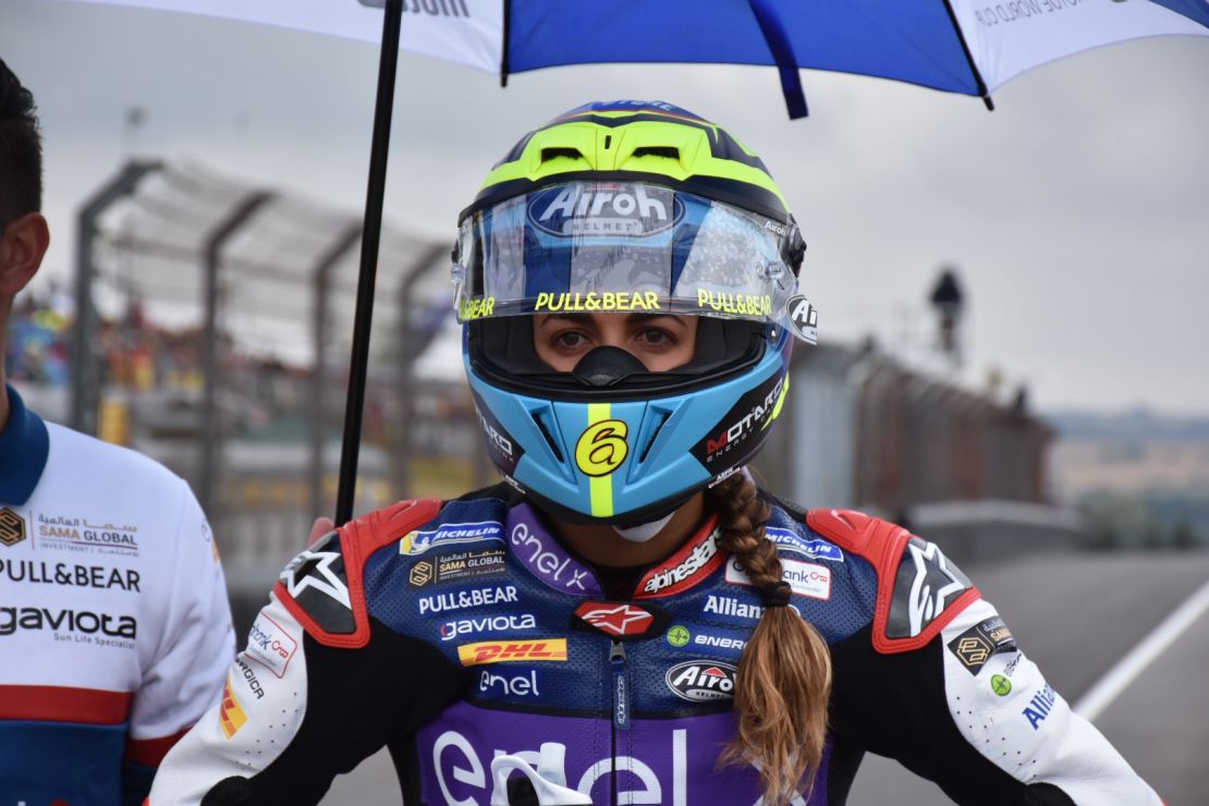 Maria Herrera, the only female racer in MotoE, lining up on the grid.