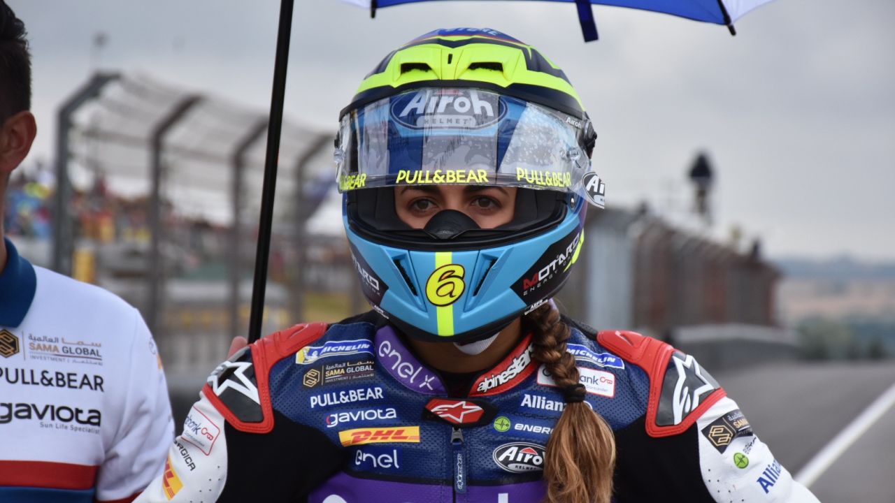 Maria Herrera, the only female racer in MotoE, lining up on the grid.