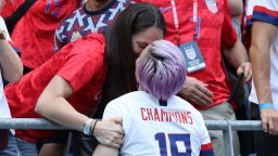 7th July 2019,  Groupama Stadium, Lyon, France; FIFA Womens World Cup final, USA versus Netherlands; 15 Megan Rapinoe (USA) embraces her girl friend after their win (photo by Pierre Teyssot/Action Plus via Getty Images)