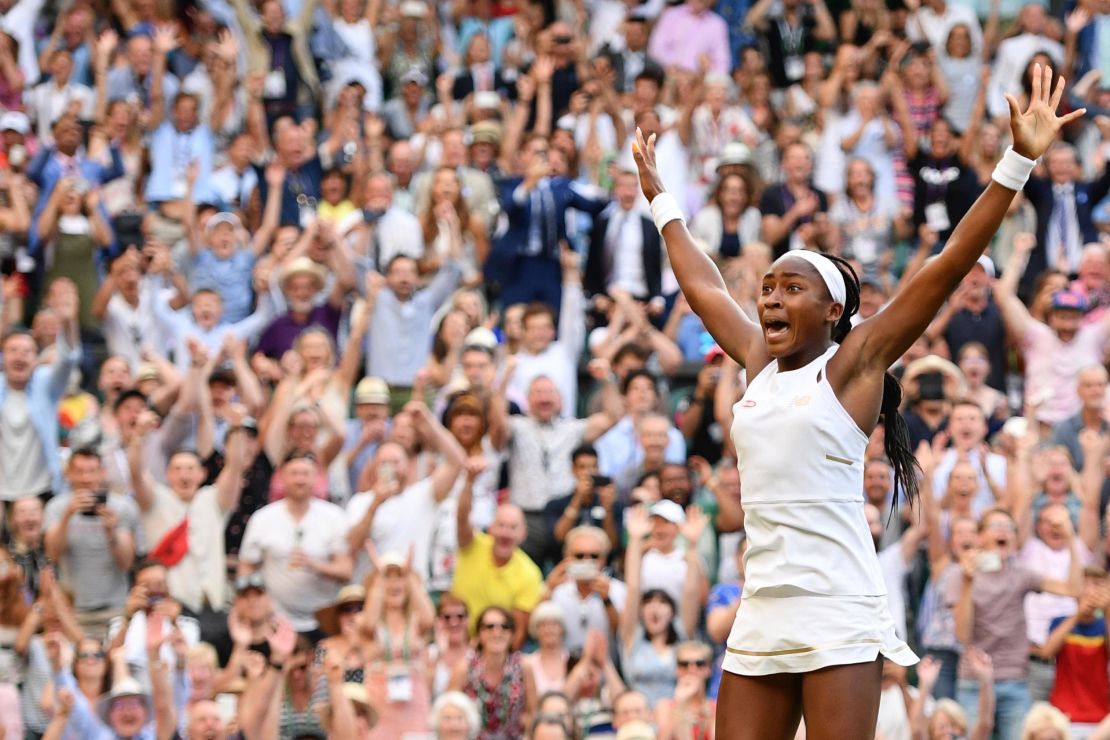 Gauff celebrates after her victory against Polona Hercog.