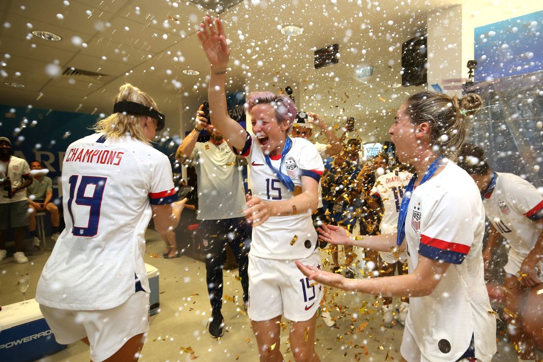 Megan Rapinoe of the USA celebrates in the dressing room following her team's victory in the 2019 FIFA Women's World Cup France Final.