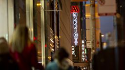 Signage is illuminated outside a Marriott International Inc. hotel at night in Chicago, Illinois, U.S., on Friday, Nov. 30, 2018. A cyber breach in Starwood's reservation system had allowed unauthorized access to information about as many as 500 million guests since 2014. Photographer: Daniel Acker/Bloomberg via Getty Images