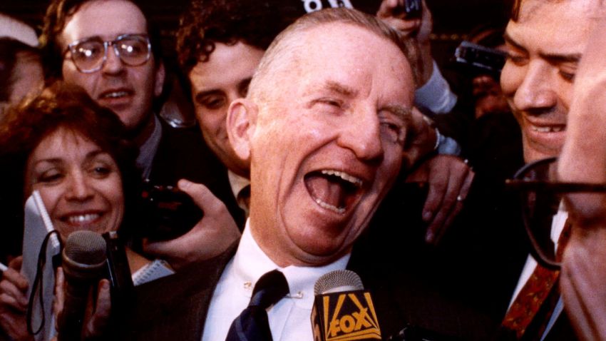 Texas billionaire Ross Perot laughs after saying "Watch my lips," in response to reporters asking when he plans to formally enter the Presidential race. Questions came May 5, 1992 in New York City where Perot was speaking before the American Newspapers Publishers Association.  He told the association he plans to slack off on public appearances for the next few weeks to gear up for a Presidential run.  (AP Photo/Richard Drew)
