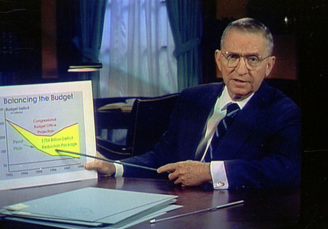 Perot uses visual aids during a 30-minute television commercial in October 1992.