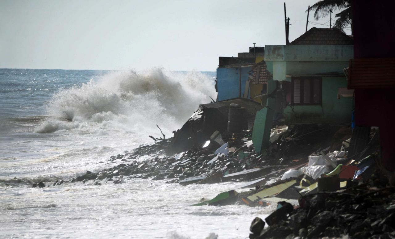 The sea is threatening homes along the Indian coast. This is a recent image of damage at Valiyathura, Thiruvananthapuram in Kerala, courtesy of Kadapuram News.    