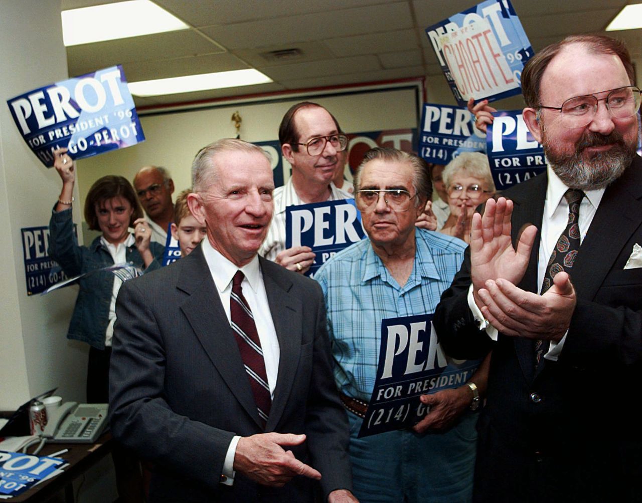 Perot introduces running mate Pat Choate, right, to campaign volunteers in September 1996. James Stockdale was Perot's running mate in 1992.