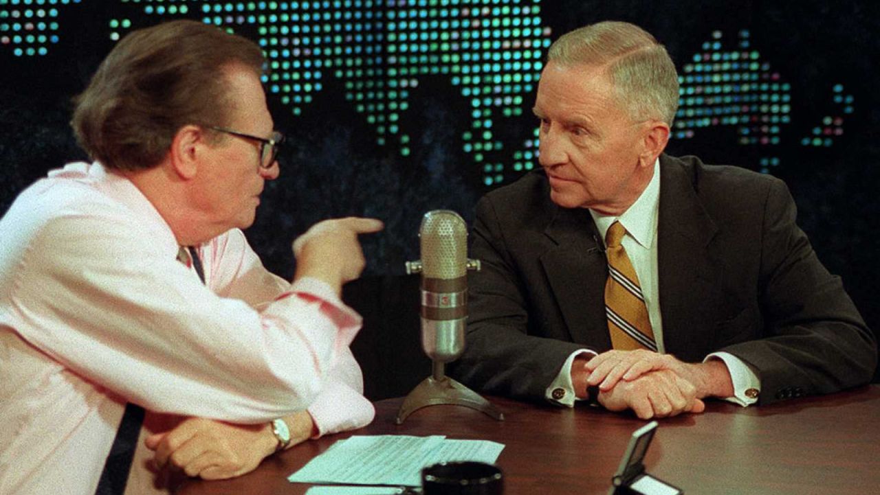 Perot appears on CNN's "Larry King Live" following a presidential debate in October 1996. King was giving Perot a platform after Perot was refused entry into the official debates.