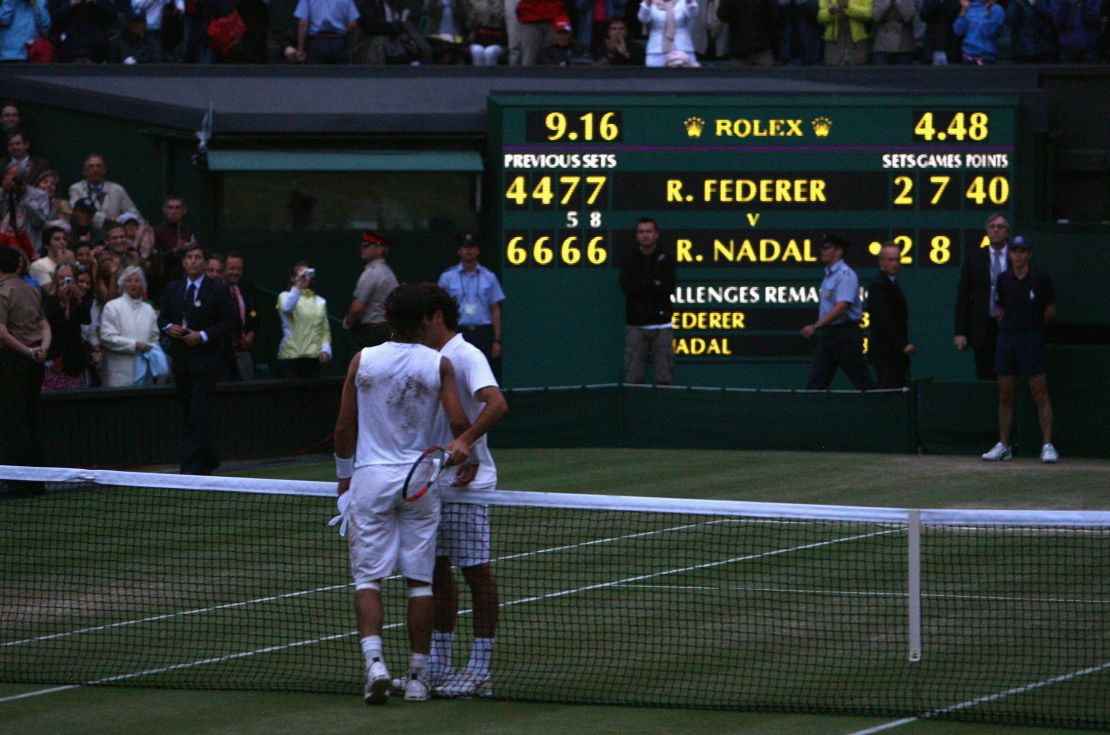 Roger Federer and Rafael Nadal at the end of the 2008 Wimbledon final. 