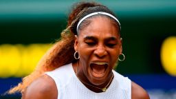 US player Serena Williams reacts after winning a game against US player Alison Riske during their women's singles quarter-final match on day eight of the 2019 Wimbledon Championships at The All England Lawn Tennis Club in Wimbledon, southwest London, on July 9, 2019. (Photo by Daniel LEAL-OLIVAS / AFP) / RESTRICTED TO EDITORIAL USE        (Photo credit should read DANIEL LEAL-OLIVAS/AFP/Getty Images)