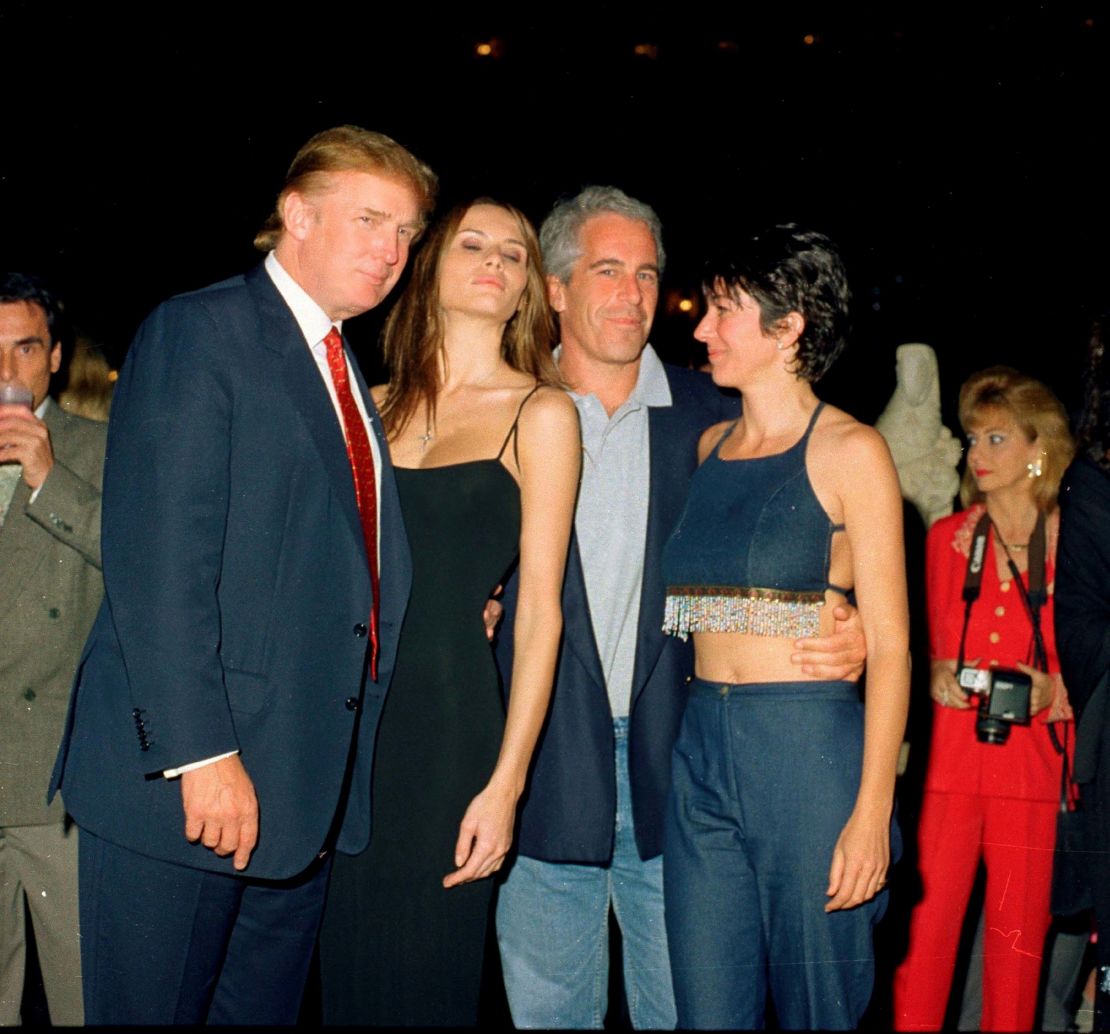 Donald Trump and his girlfriend (and future wife), former model Melania Knauss, financier (and future convicted sex offender) Jeffrey Epstein, and British socialite Ghislaine Maxwell pose together at the Mar-a-Lago club, Palm Beach, Florida, February 12, 2000. 