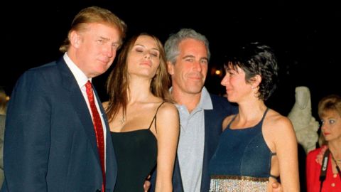 Donald Trump and his girlfriend (and future wife), former model Melania Knauss, financier (and future convicted sex offender) Jeffrey Epstein, and British socialite Ghislaine Maxwell pose together at the Mar-a-Lago club, Palm Beach, Florida, February 12, 2000. 
