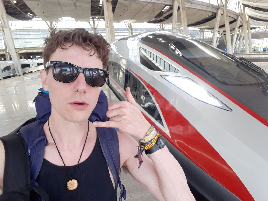 Roger Tyers, 37, travelled from England to China by train instead of plane because of the climate crisis.