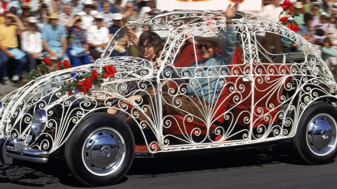 The Beetle's simple and instantly recognizable design has made it a frequent basis for automotive art. This Beetle, being driven in a parade in New York City in 1970, has a body made from decorative white wrought iron. 