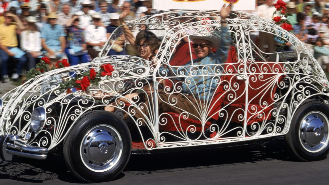 The Beetle's simple and instantly recognizable design has made it a frequent basis for automotive art. This Beetle, being driven in a parade in New York City in 1970, has a body made from decorative white wrought iron.