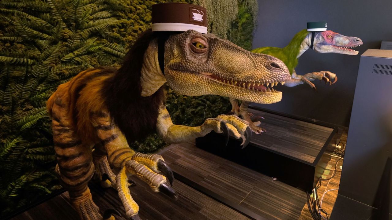 The future of travel...dinosaur bellboys? These happy robots greet guests checking into Tokyo's Henn-na Hotel. 