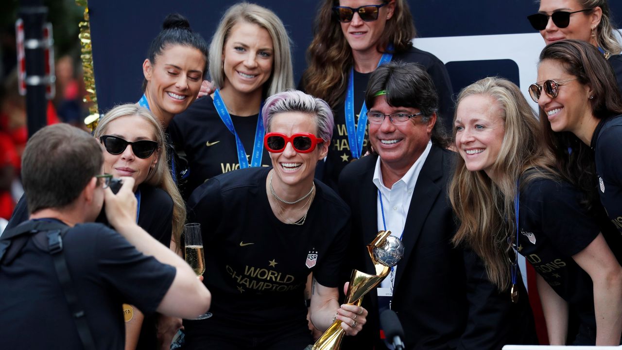 Star Megan Rapinoe was front and center in red sunglasses on one of the floats. 