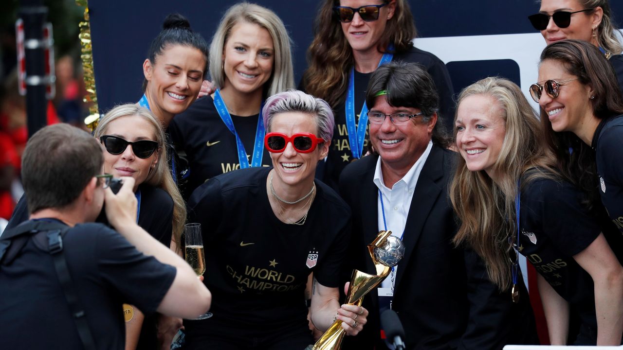 Star Megan Rapinoe was front and center in red sunglasses on one of the floats.