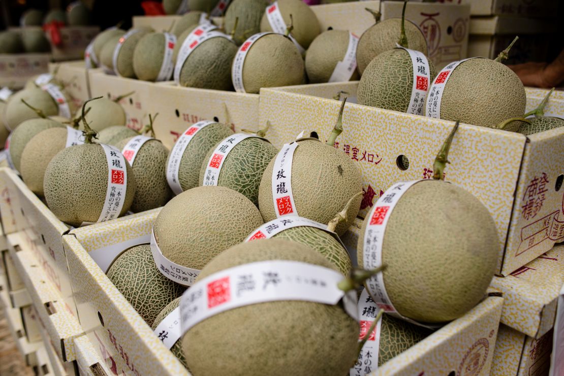 Expensive luxury melons, prized for their taste and the delicate pattern on their surface, on sale in Hong Kong.