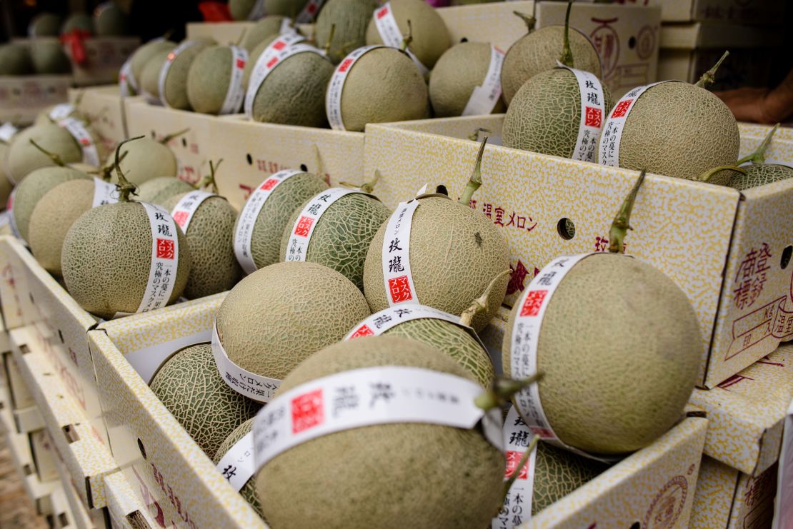 Expensive luxury melons, prized for their taste and the delicate pattern on their surface, on sale in Hong Kong. 