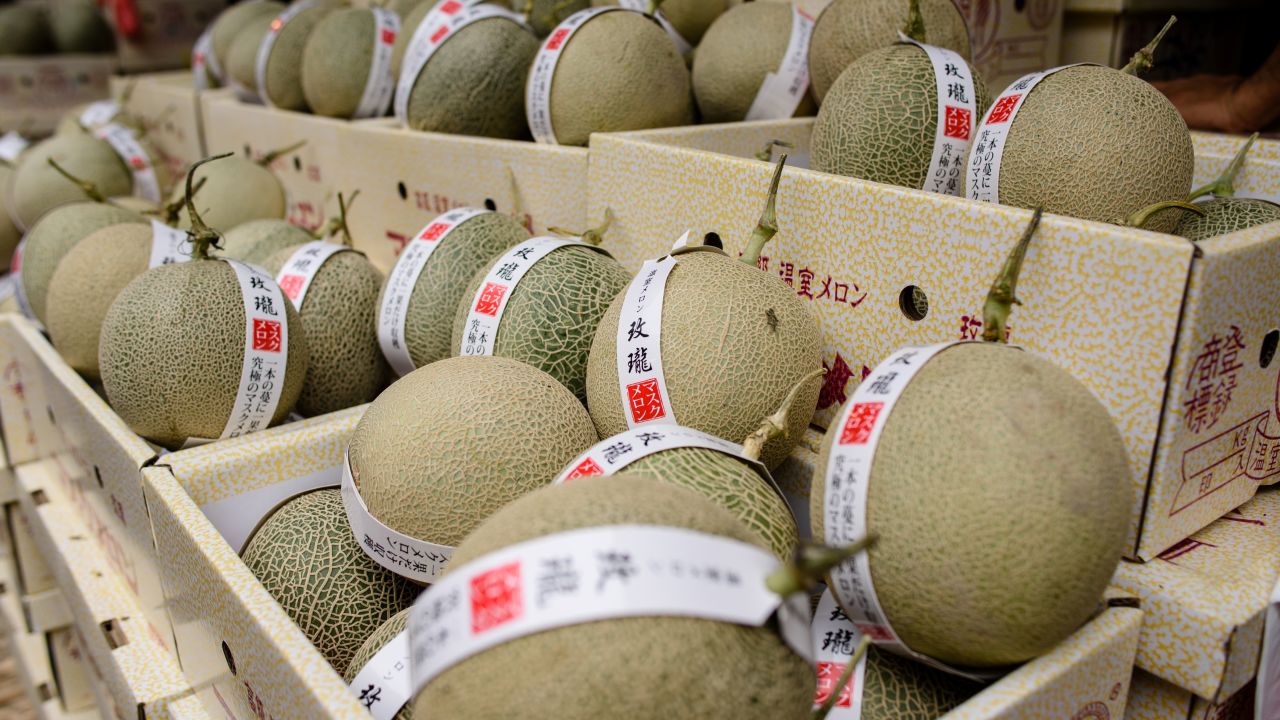 Expensive luxury melons, prized for their taste and the delicate pattern on their surface, on sale in Hong Kong. 
