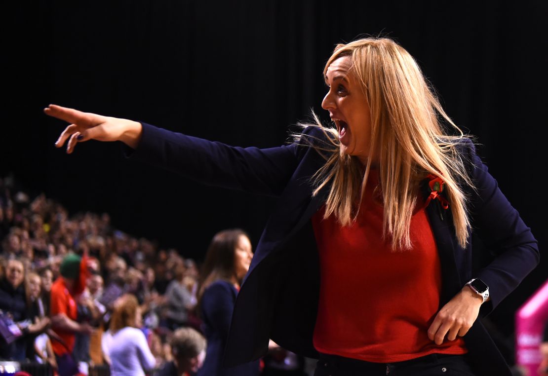 Tracey Neville cuts an animated figure during the Vitality Netball International Series match against New Zealand.