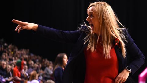 Tracey Neville cuts an animated figure during the Vitality Netball International Series match against New Zealand.