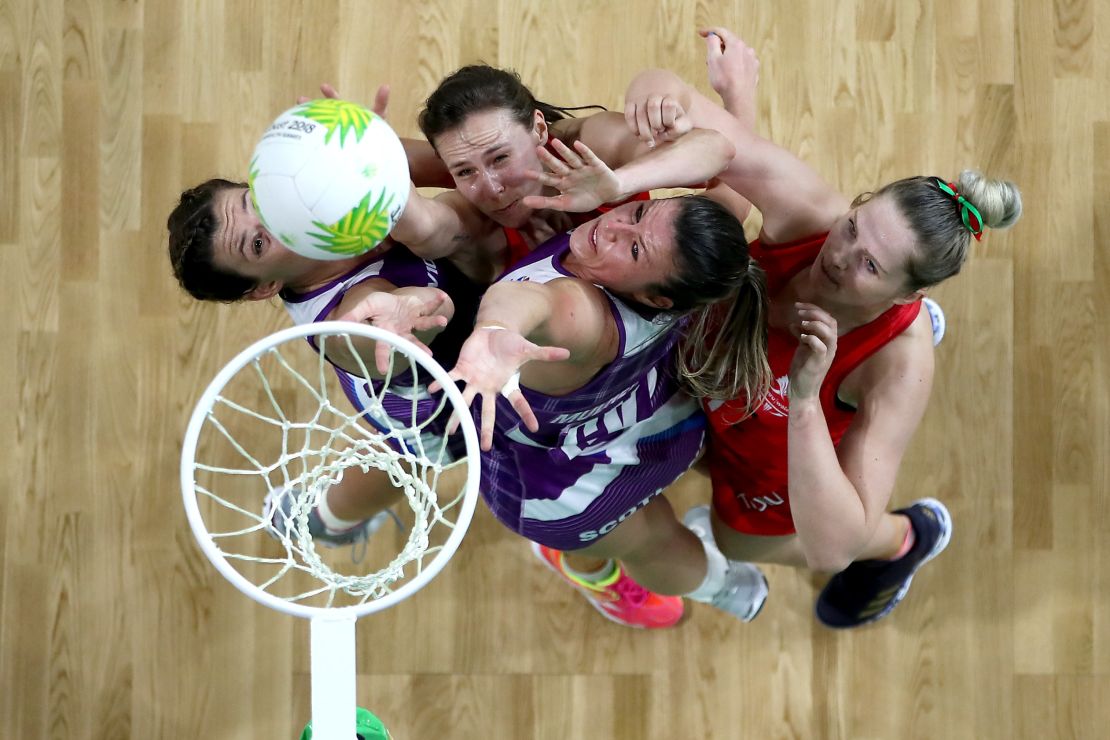 England players in action against Scotland at the 2018 Commonwealth Games. 