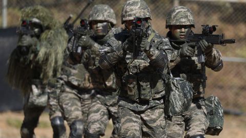 South Korean marines in action during a regular drill on November 1, 2018 in Yeonpyeong Island, South Korea.
