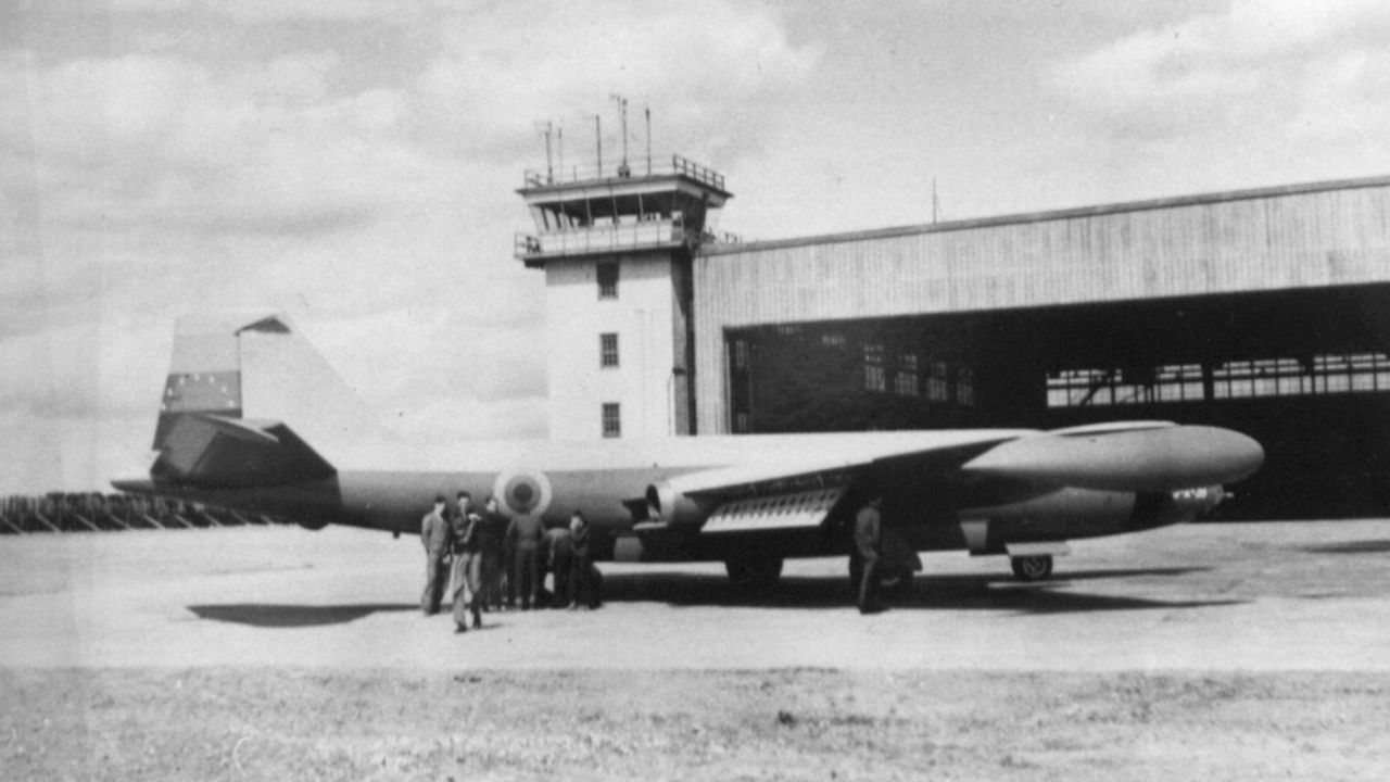 <strong>Changing times</strong>: Airlines ran regular transatlantic services via Gander and soon the airport was handling 13,000 aircraft annually. Pictured here: a Canberra jet parked at the airport circa 1953. 