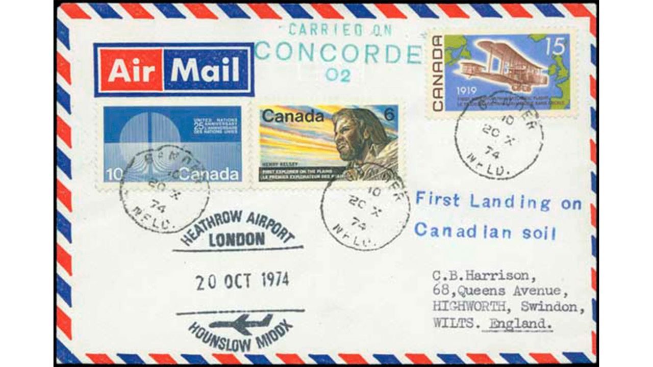 <strong>Concorde landing:</strong> This mail envelope commemorates the Concorde's first landing in North America, touching down at Gander in 1974.