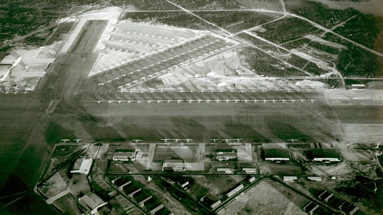 <strong>Wartime importance</strong>: During World War II, aircraft were ferried from Gander to Europe to aid the war effort. Pictured here: the airport viewed from above in 1944.