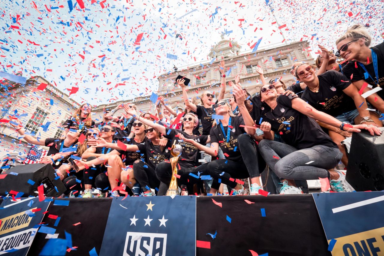 Members of the US Women's National Soccer Team are showered by confetti after a  ceremony at New York's City Hall on Wednesday, July 10. Each team member received a key to the city after winning the 2019 FIFA Women's World Cup in France.