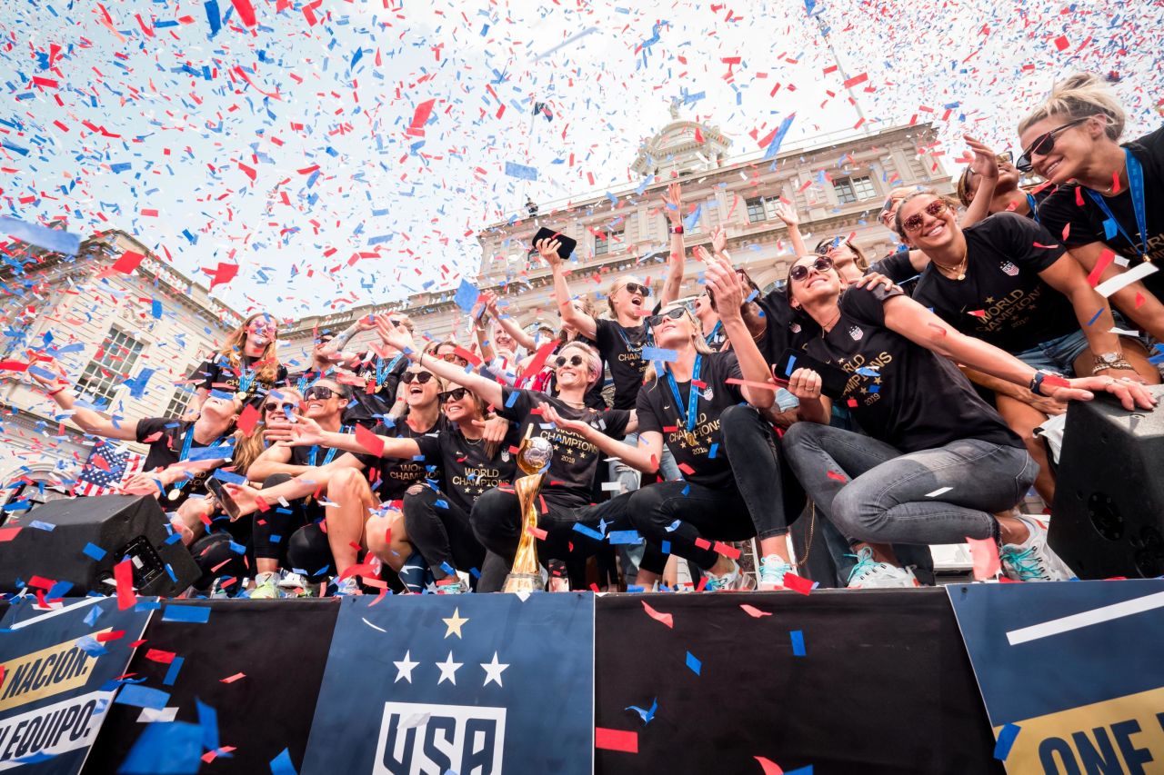 Members of the US Women's National Soccer Team are showered by confetti after a ceremony at New York's City Hall on Wednesday, July 10. Each team member received a key to the city after winning the 2019 FIFA Women's World Cup in France.