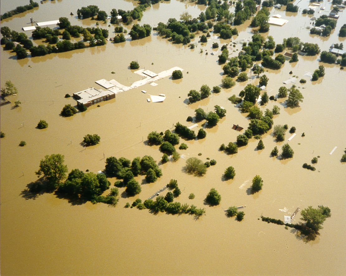 An aerial photo shows the extent of the flooding that destroyed much of Valmeyer in 1993.