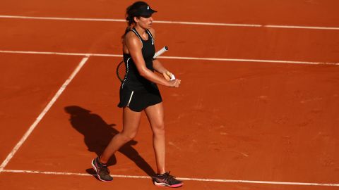 Konta after her first round match against Yulia Putintseva at Roland Garros in 2018.