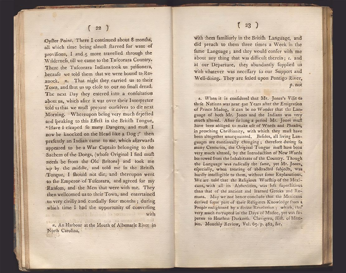 Pages from "An enquiry into the truth of the tradition concerning the Discovery of America, By Prince Madog ab Owen Gwynedd, about the year, 1170," by historian John Williams, published in 1791.