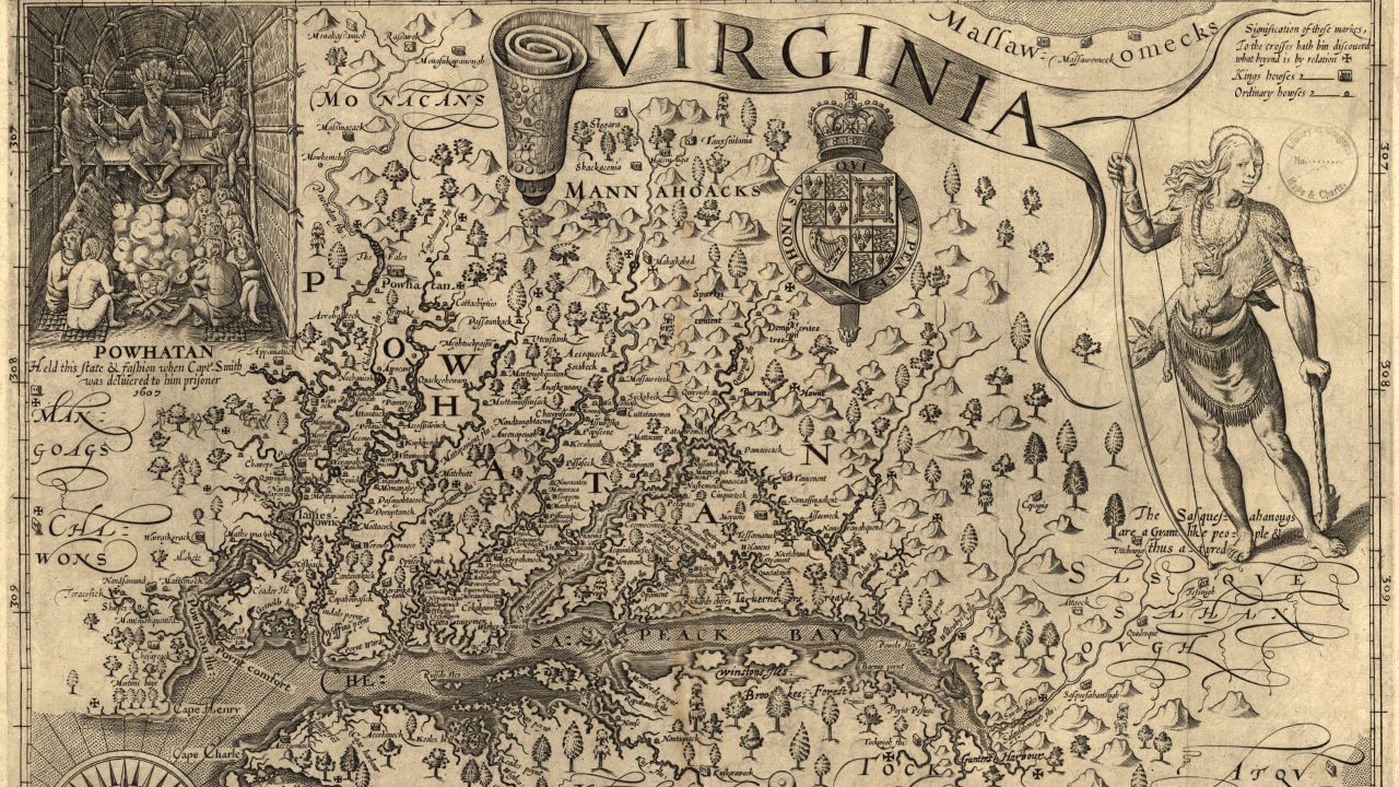 A 1606 map of the British colony of Virginia, as described by Captain John Smith.