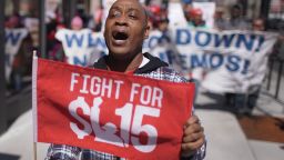 CHICAGO, ILLINOIS - APRIL 03: Demonstrators march in front of the McDonalds Headquarters demanding a minimum wage of $15-per-hour and union representation on April 03, 2019 in Chicago, Illinois. McDonald's recently announced that the company would no longer lobby against increases in minimum-wage. Similar demonstrations were held in 10 cities around the country today.   (Photo by Scott Olson/Getty Images)