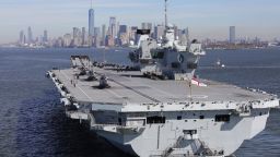 Britain's new aircraft carrier HMS Queen Elizabeth arrives in New York City on October 19, 2018 in New York City.