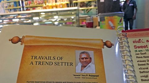 P. Rajagopal, founder of the Saravana Bhavan food chain, on a menu at one of the popular restaurants in Chennai.