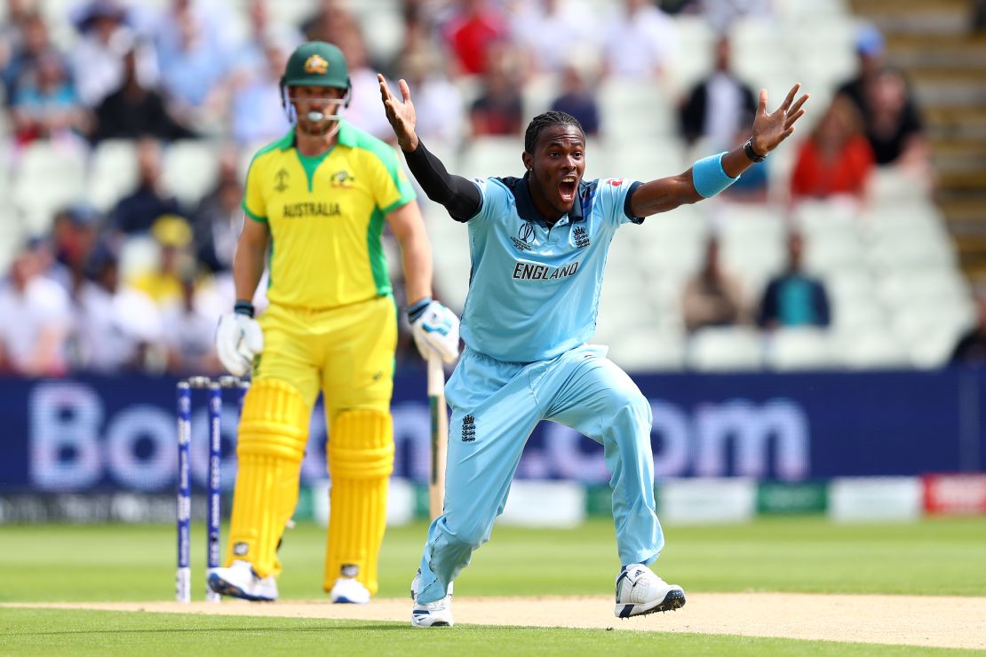Jofra Archer of England celebrates taking the wicket of Aaron Finch of Australia during the semifinal.