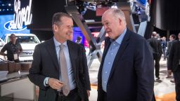 14 January 2019, US, Detroit: Jim Hackett (r), CEO of Ford, and Herbert Diess, CEO of VW, talk about the fair together. Industry experts expect the announcement of a cooperation between VW and Ford in the light commercial vehicle sector. Photo: Boris Roessler/dpa (Photo by Boris Roessler/picture alliance via Getty Images)