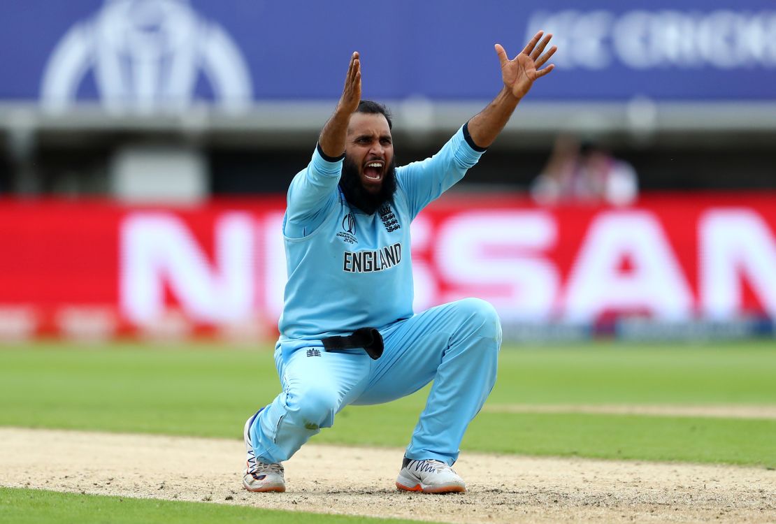 England's Adil Rashid appeals successfully for the wicket of Marcus Stoinis.