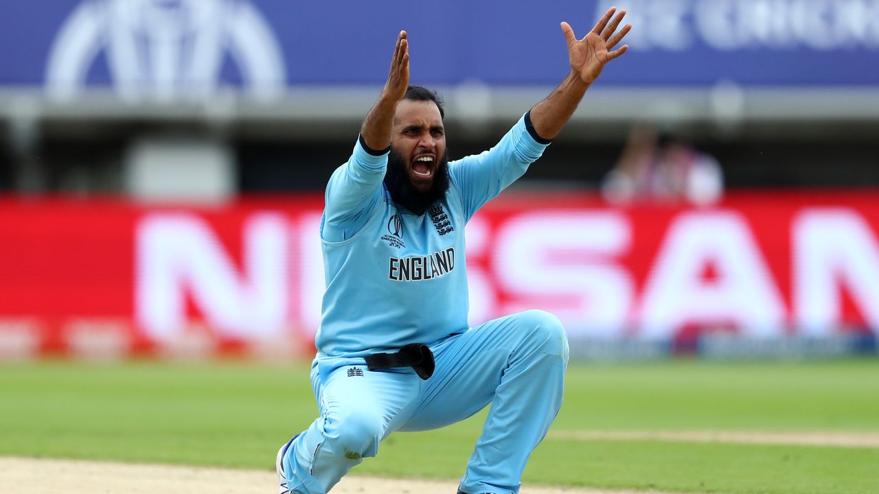 England's Adil Rashid appeals successfully for the wicket of Marcus Stoinis.